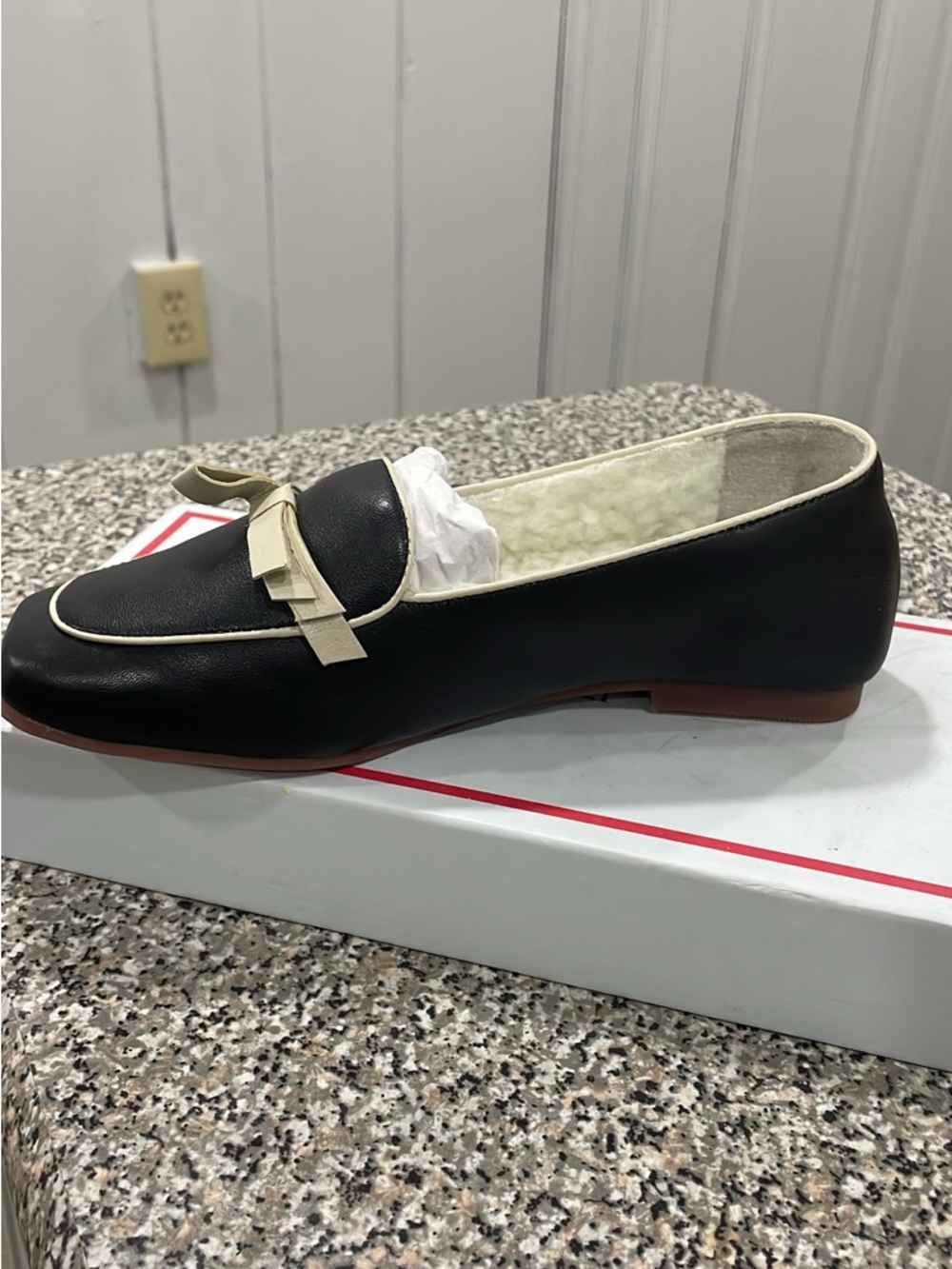 Classic Black Loafer with Cream Trim and Bow